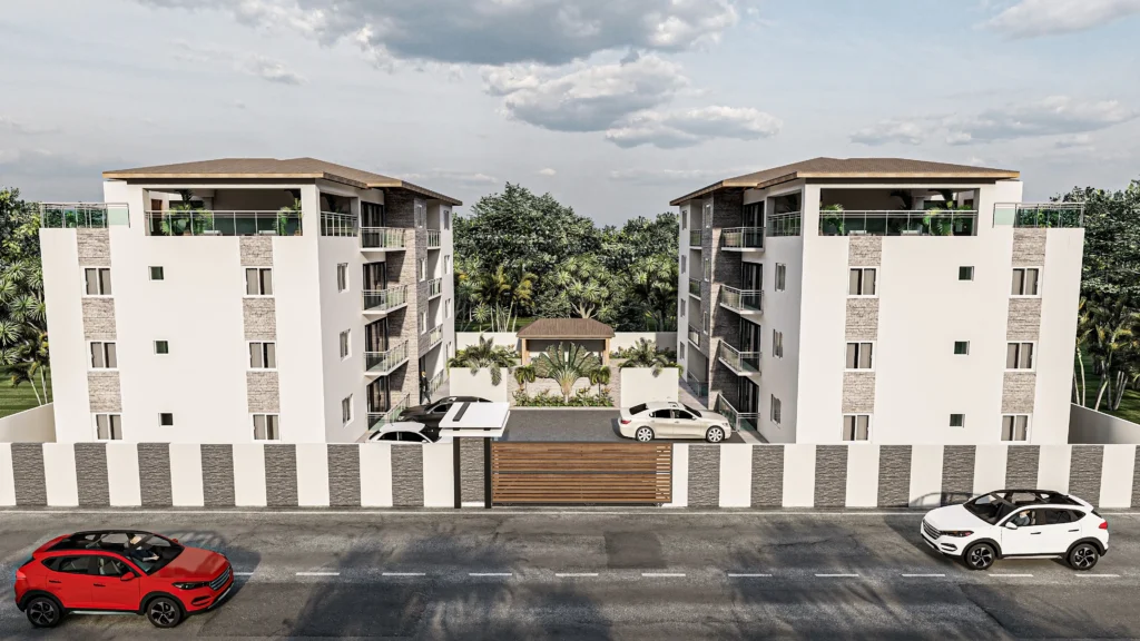 Marena Render frontal de complejo residencial moderno con dos edificios y portón de acceso