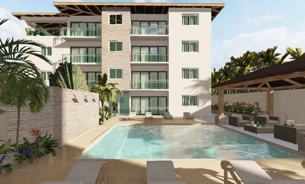 Área de piscina en condominio moderno con terraza techada y tumbonas