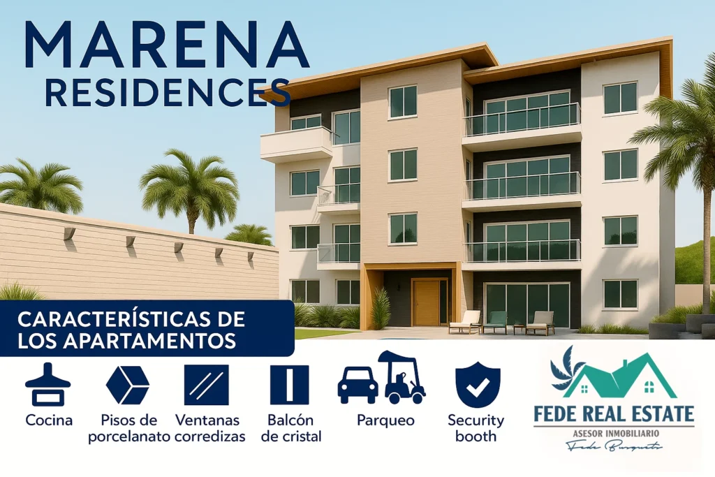 Infografía de Marena Residences con características de apartamentos y amenidades del proyecto